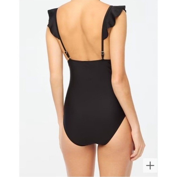 J Crew black Ruffle-shoulder V-neck one-piece swimsuit size L new - Picture 2 of 8